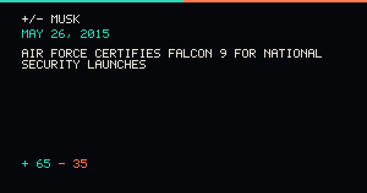 Air Force certifies Falcon 9 for national security launches